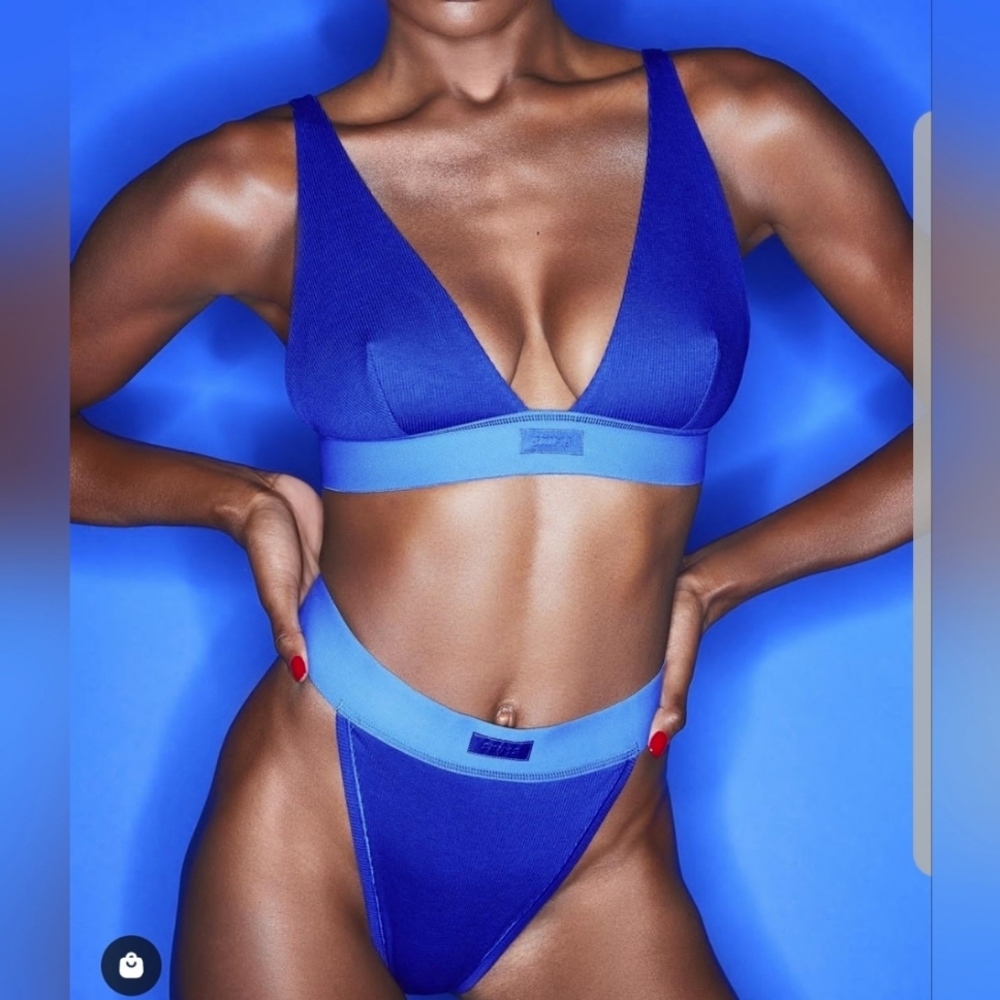 SKIMS COTTON RIBBED THONG PANTIES COBALT